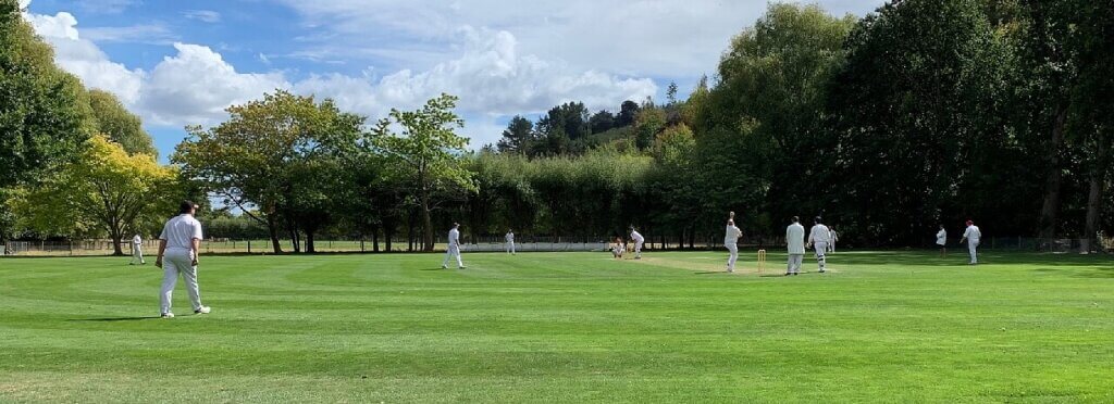 Cricket field with players surrounded by trees